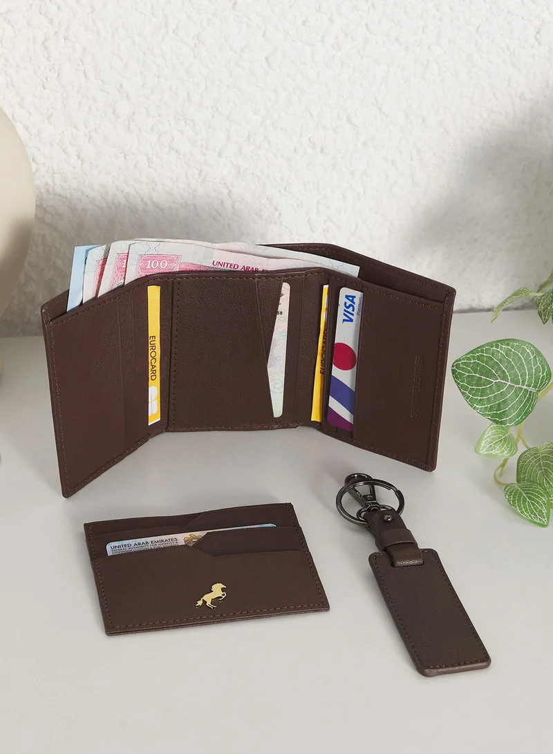 روبرت وود طقم هدايا محفظة جلد طبيعي ثلاثية الطي وحامل بطاقات وحلقة مفاتيح